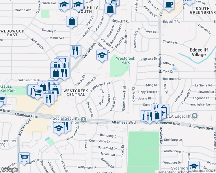 map of restaurants, bars, coffee shops, grocery stores, and more near 2407 Woodmont Trail in Fort Worth