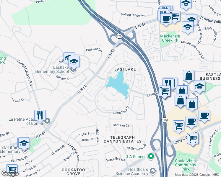 map of restaurants, bars, coffee shops, grocery stores, and more near 2050 Lakeshore Drive in Chula Vista