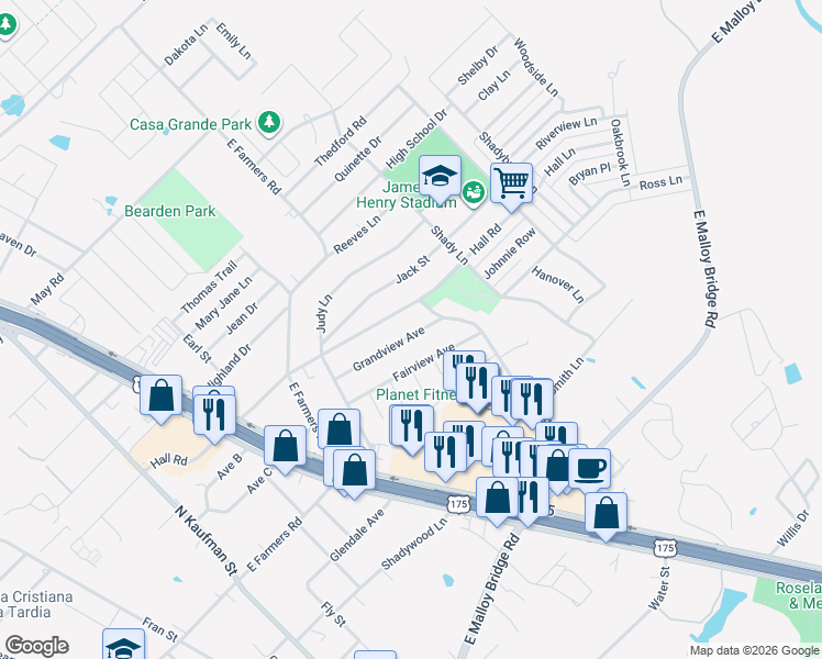 map of restaurants, bars, coffee shops, grocery stores, and more near 733 Grandview Avenue in Seagoville