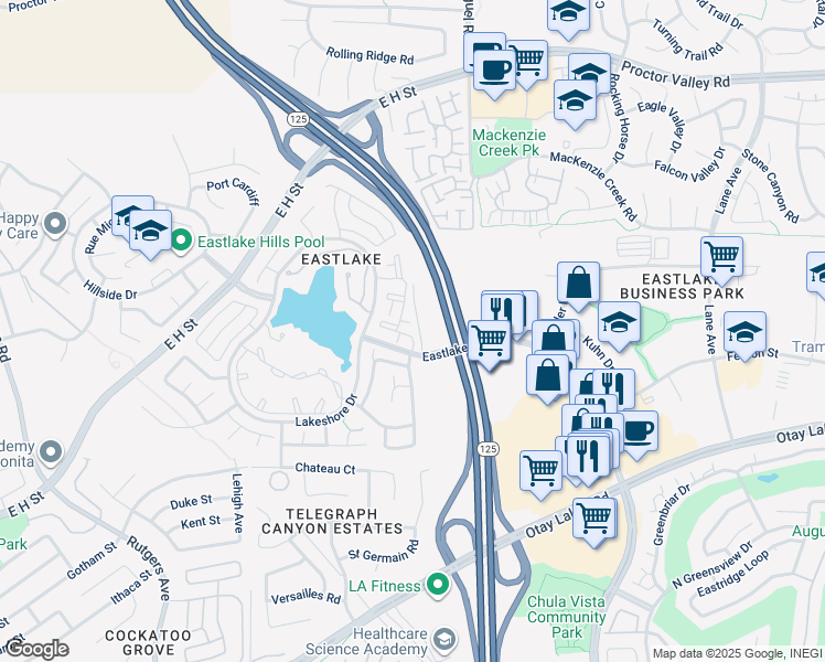 map of restaurants, bars, coffee shops, grocery stores, and more near 767 Eastshore Terrace in Chula Vista