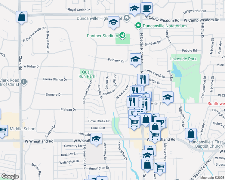 map of restaurants, bars, coffee shops, grocery stores, and more near 223 Roma Dr in Duncanville