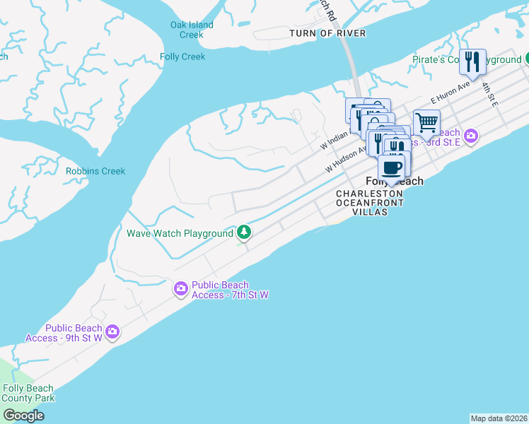 map of restaurants, bars, coffee shops, grocery stores, and more near 401 West Hudson Avenue in Folly Beach
