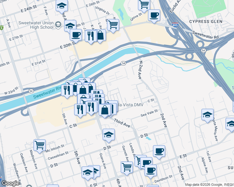 map of restaurants, bars, coffee shops, grocery stores, and more near 313 Via Salaria in Chula Vista