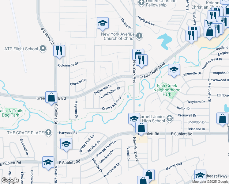 map of restaurants, bars, coffee shops, grocery stores, and more near 5619 Creekhollow Drive in Arlington