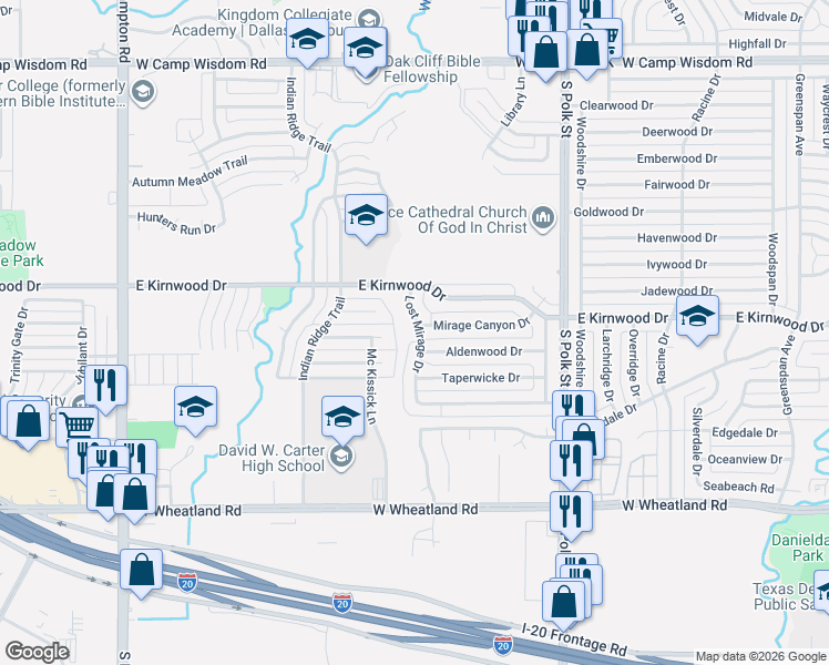 map of restaurants, bars, coffee shops, grocery stores, and more near 7734 Lost Mirage Drive in Dallas