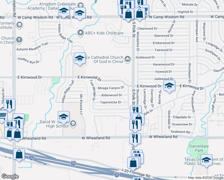 map of restaurants, bars, coffee shops, grocery stores, and more near 1312 Mirage Canyon Drive in Dallas