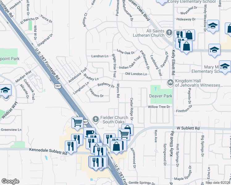 map of restaurants, bars, coffee shops, grocery stores, and more near 5714 Myers Road in Arlington