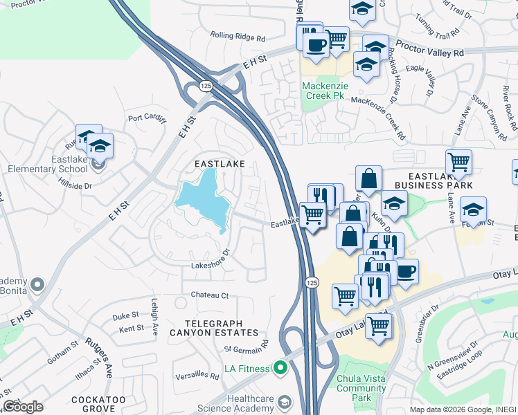 map of restaurants, bars, coffee shops, grocery stores, and more near 765 Eastshore Terrace in Chula Vista