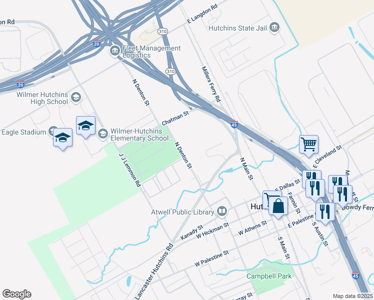 map of restaurants, bars, coffee shops, grocery stores, and more near 600 North Denton Street in Hutchins