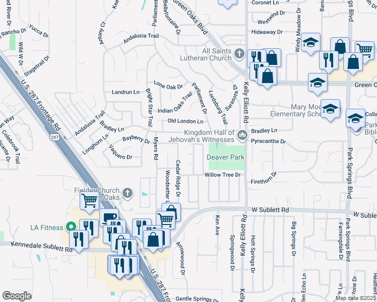 map of restaurants, bars, coffee shops, grocery stores, and more near 4605 Elm Tree Court in Arlington