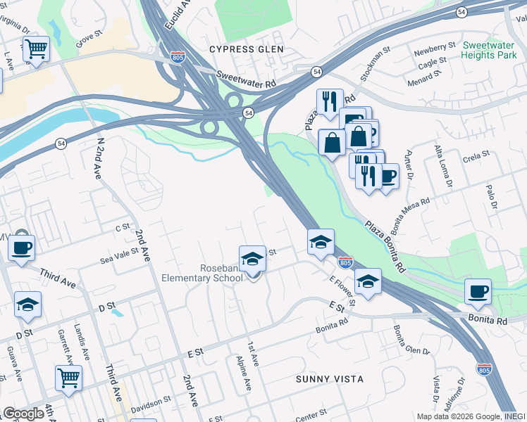 map of restaurants, bars, coffee shops, grocery stores, and more near 29 Doran Court in Chula Vista