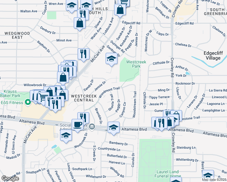 map of restaurants, bars, coffee shops, grocery stores, and more near 2601 Woodmont Trail in Fort Worth