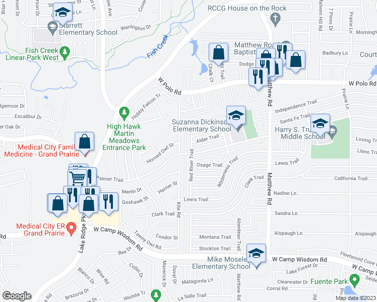 map of restaurants, bars, coffee shops, grocery stores, and more near 4934 Red River Trail in Grand Prairie
