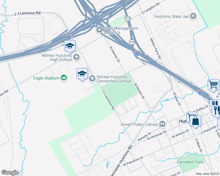 map of restaurants, bars, coffee shops, grocery stores, and more near 417 Morningstar Drive in Hutchins