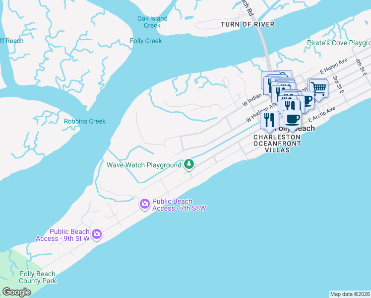 map of restaurants, bars, coffee shops, grocery stores, and more near 412 West Hudson Avenue in Folly Beach
