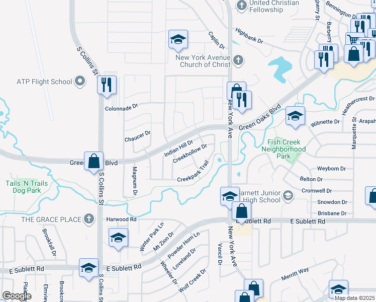 map of restaurants, bars, coffee shops, grocery stores, and more near 5619 Creekhollow Drive in Arlington