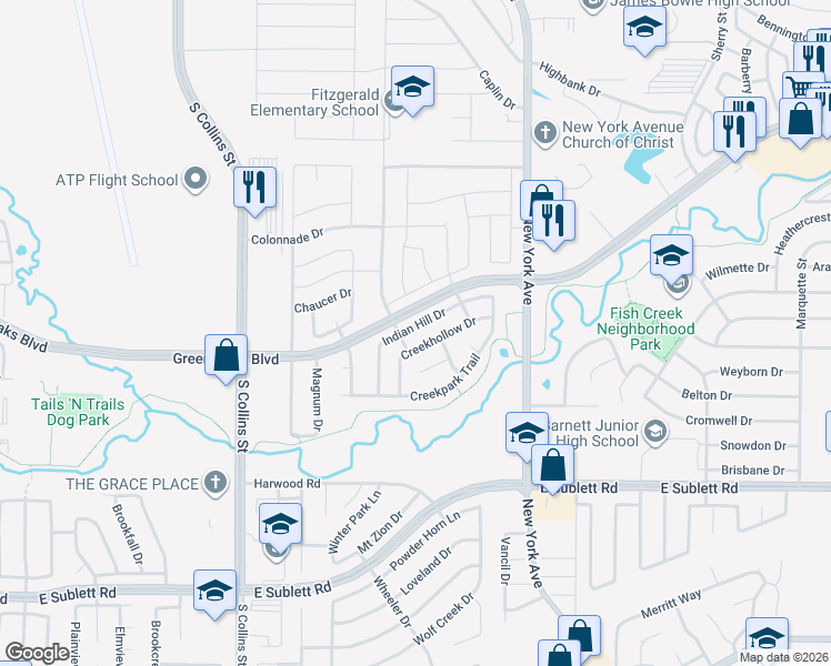map of restaurants, bars, coffee shops, grocery stores, and more near 5641 Indian Hill Drive in Arlington