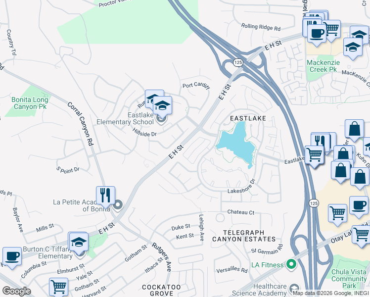 map of restaurants, bars, coffee shops, grocery stores, and more near 2042 Waterbury in Chula Vista