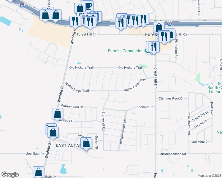 map of restaurants, bars, coffee shops, grocery stores, and more near 6933 Stonewall Road in Forest Hill