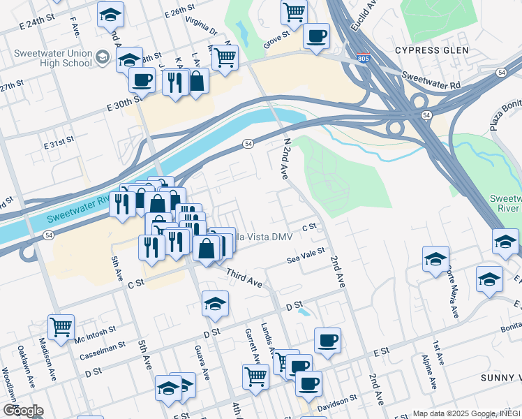 map of restaurants, bars, coffee shops, grocery stores, and more near 160 North Del Mar Avenue in Chula Vista
