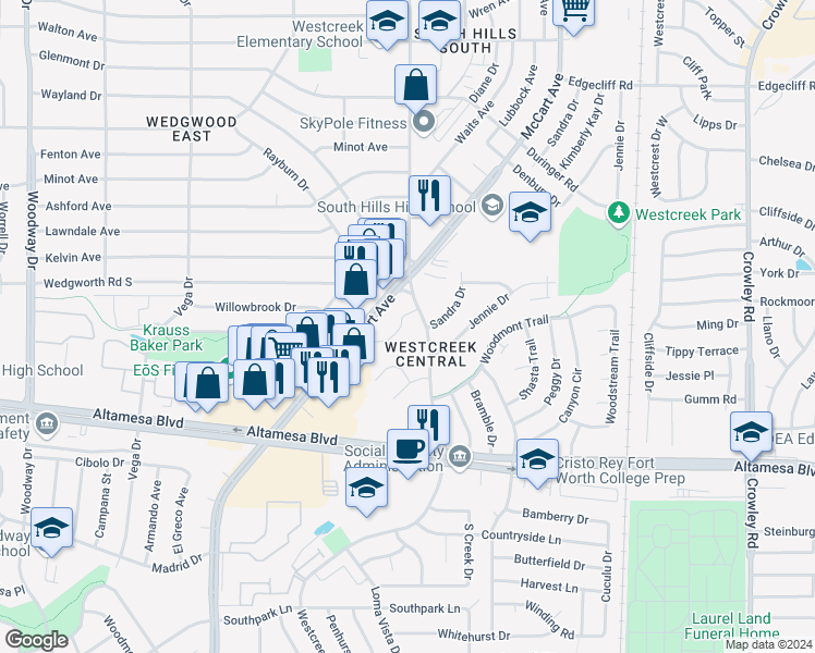 map of restaurants, bars, coffee shops, grocery stores, and more near 6205 Finbro Drive in Fort Worth