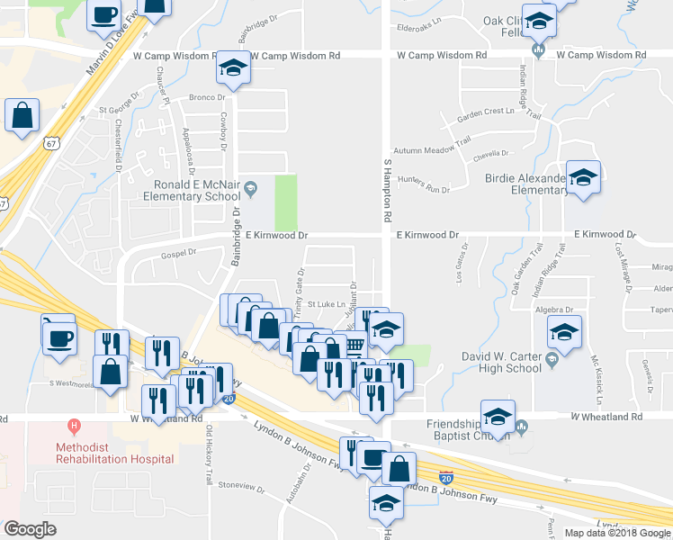map of restaurants, bars, coffee shops, grocery stores, and more near 2532 Pilgrim Rest Drive in Dallas