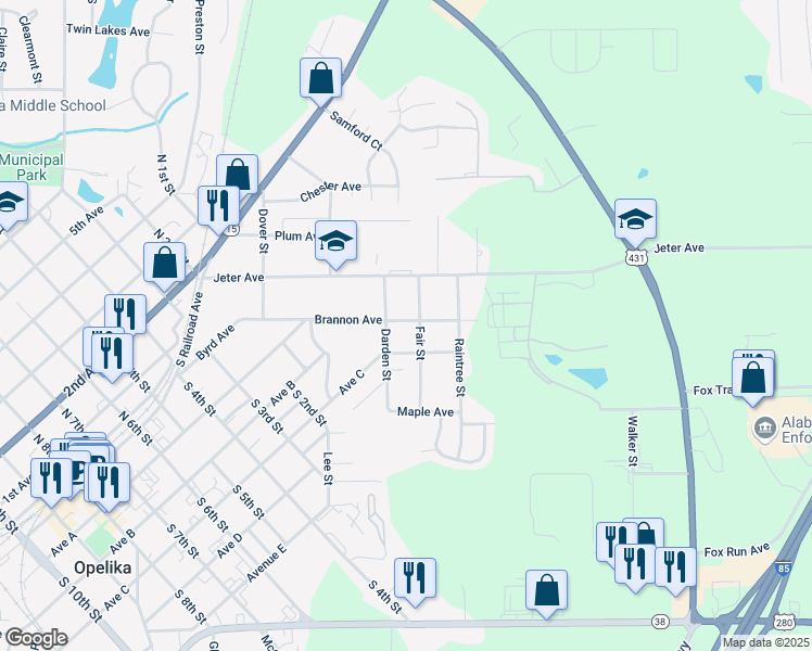 map of restaurants, bars, coffee shops, grocery stores, and more near 309 Brannon Avenue in Opelika