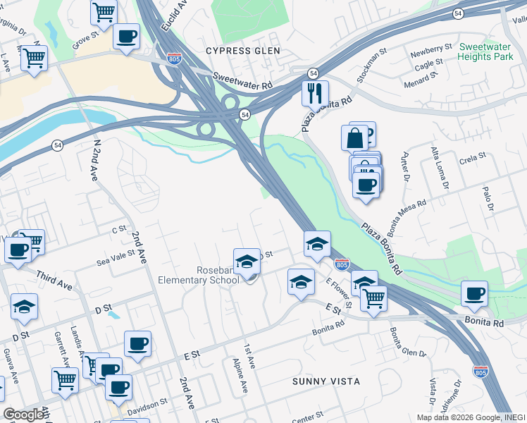 map of restaurants, bars, coffee shops, grocery stores, and more near 29 Doran Court in Chula Vista