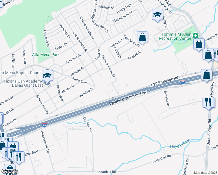 map of restaurants, bars, coffee shops, grocery stores, and more near 3210 Buckskin Drive in Dallas