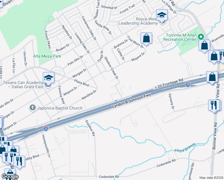 map of restaurants, bars, coffee shops, grocery stores, and more near 3210 Buckskin Drive in Dallas