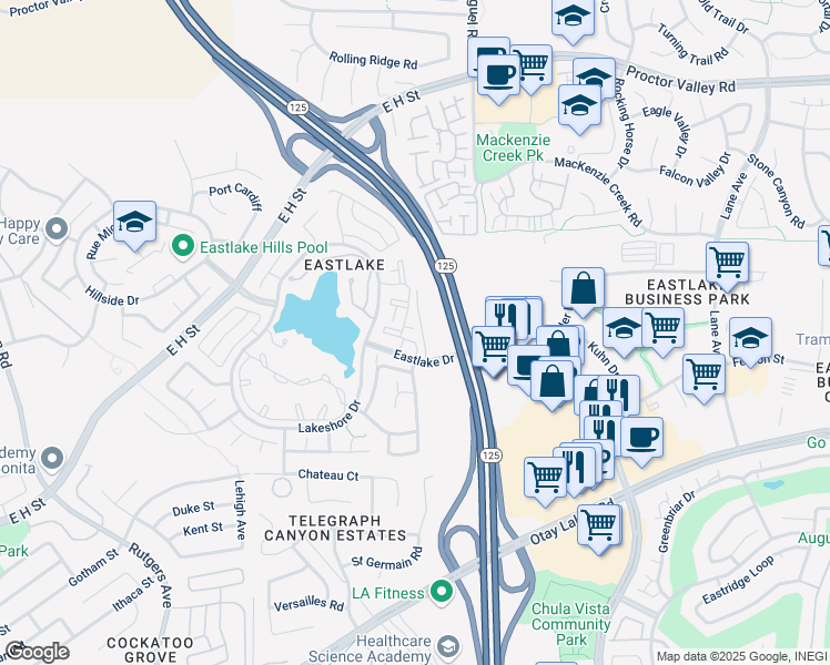 map of restaurants, bars, coffee shops, grocery stores, and more near 767 Eastshore Terrace in Chula Vista