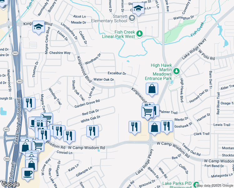 map of restaurants, bars, coffee shops, grocery stores, and more near 4942 Water Oak Drive in Grand Prairie