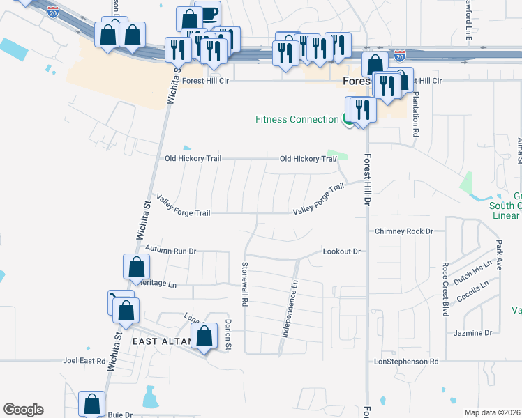 map of restaurants, bars, coffee shops, grocery stores, and more near 6933 Stonewall Road in Forest Hill