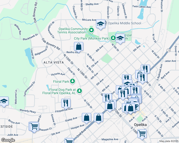 map of restaurants, bars, coffee shops, grocery stores, and more near 614 North 9th Street in Opelika
