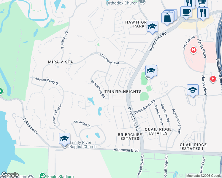 map of restaurants, bars, coffee shops, grocery stores, and more near 6682 Trinity Heights Boulevard in Fort Worth