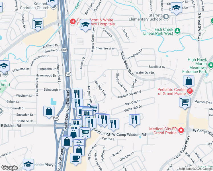 map of restaurants, bars, coffee shops, grocery stores, and more near 2907 Blacksmith Court in Grand Prairie