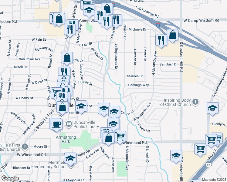 map of restaurants, bars, coffee shops, grocery stores, and more near 419 East Cherry Court in Duncanville