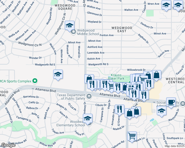 map of restaurants, bars, coffee shops, grocery stores, and more near 6250 Horton Circle in Fort Worth