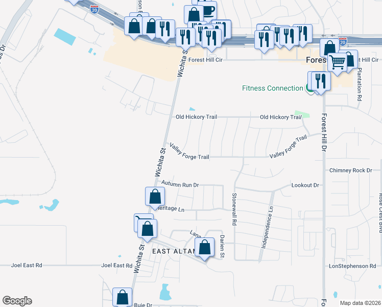 map of restaurants, bars, coffee shops, grocery stores, and more near 3049 Valley Forge Trail in Forest Hill