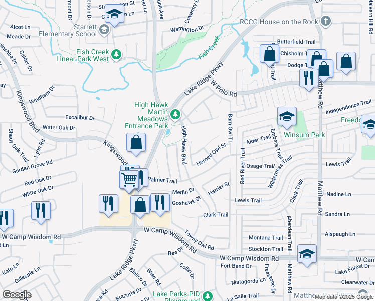 map of restaurants, bars, coffee shops, grocery stores, and more near 4919 Soaring Eagle Court in Grand Prairie