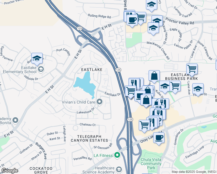 map of restaurants, bars, coffee shops, grocery stores, and more near 758 Eastshore Terrace in Chula Vista