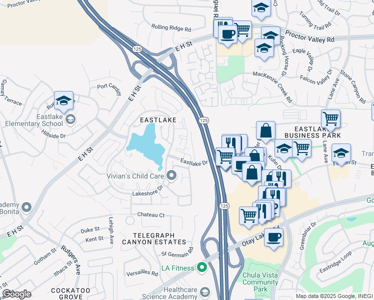 map of restaurants, bars, coffee shops, grocery stores, and more near 765 Eastshore Terrace in Chula Vista