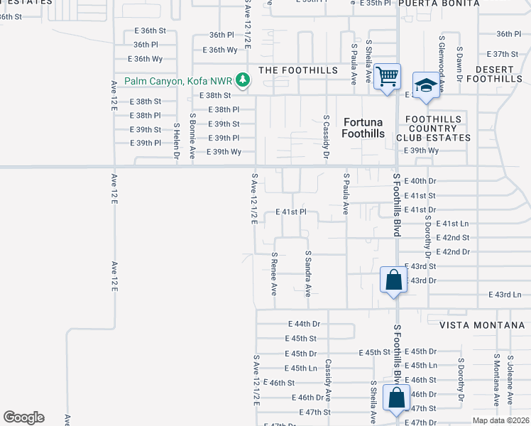 map of restaurants, bars, coffee shops, grocery stores, and more near 12551 East 41st Place in Yuma