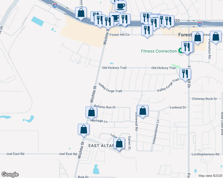 map of restaurants, bars, coffee shops, grocery stores, and more near 3049 Valley Forge Trail in Forest Hill