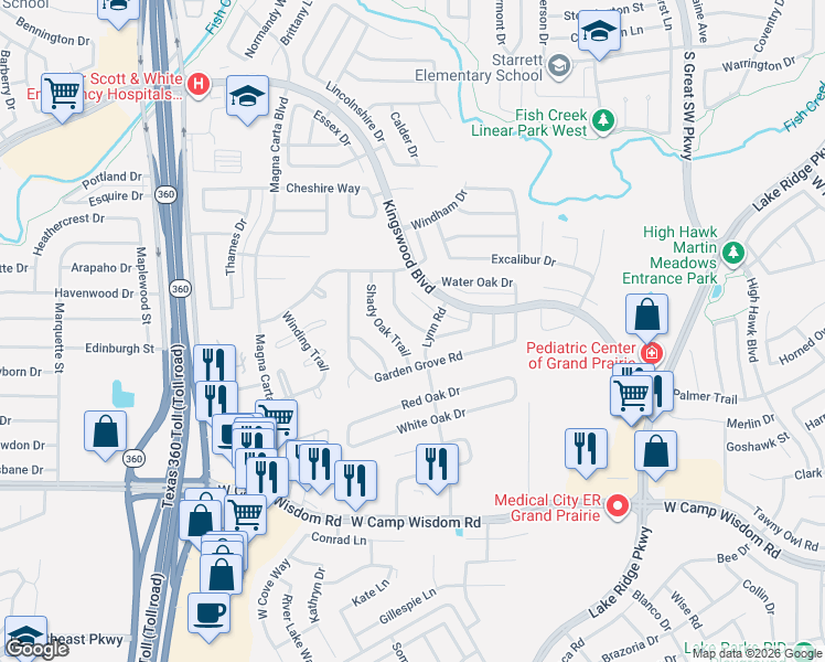 map of restaurants, bars, coffee shops, grocery stores, and more near 4945 Oak Hollow Drive in Grand Prairie