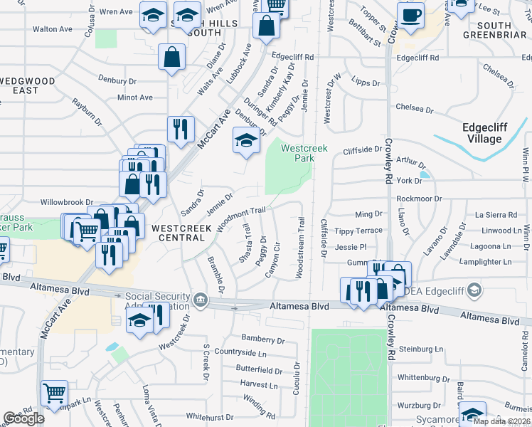 map of restaurants, bars, coffee shops, grocery stores, and more near 2407 Woodmont Trail in Fort Worth