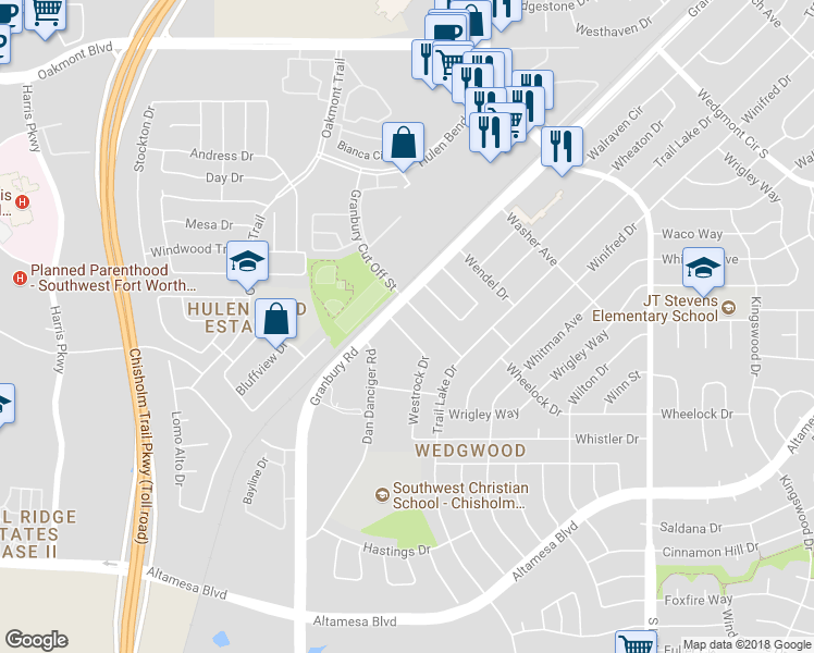 map of restaurants, bars, coffee shops, grocery stores, and more near 6459 Westrock Drive in Fort Worth