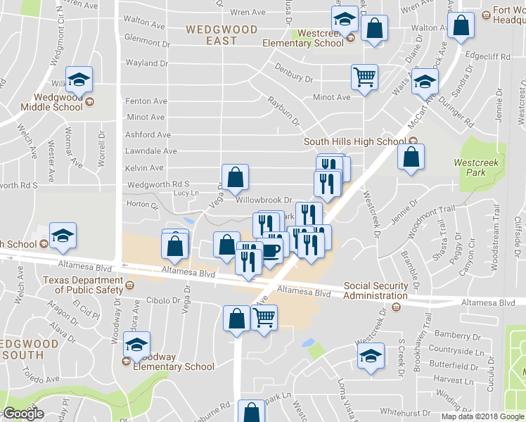map of restaurants, bars, coffee shops, grocery stores, and more near 3504 Park Lake Drive in Fort Worth