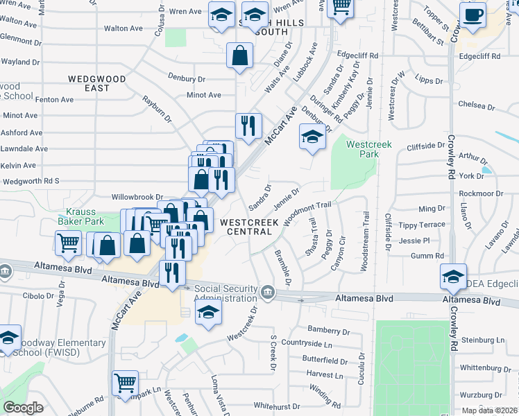 map of restaurants, bars, coffee shops, grocery stores, and more near 6229 Sandra Dr in Fort Worth