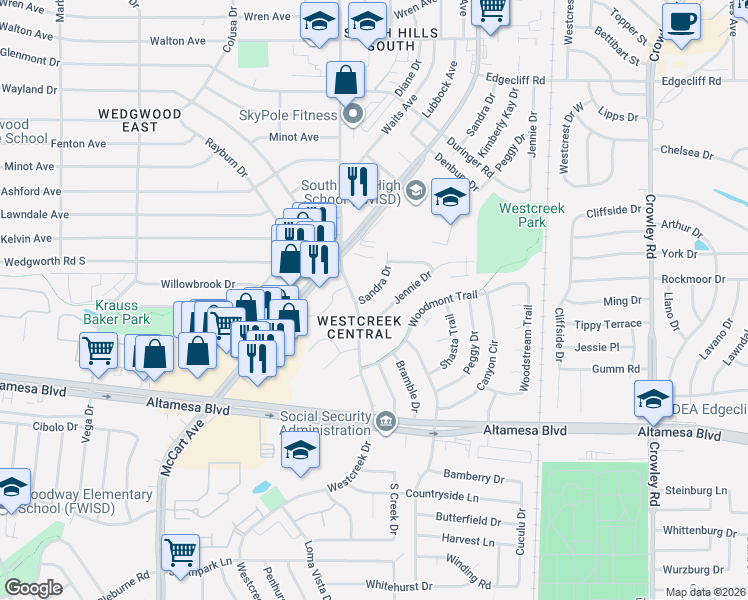 map of restaurants, bars, coffee shops, grocery stores, and more near 6229 Sandra Drive in Fort Worth